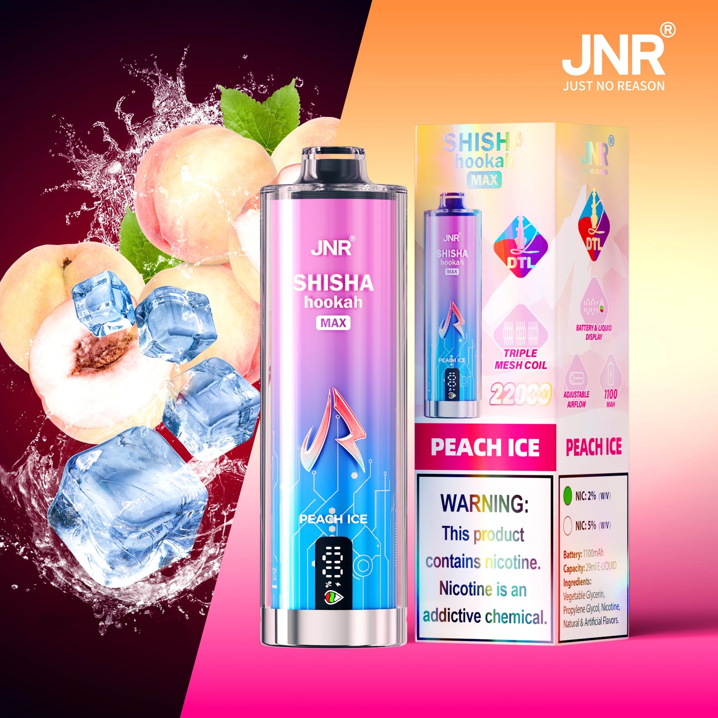 JNR Shisha Max 22K 22000 Puffs Disposable Vape 20mg Peach Ice