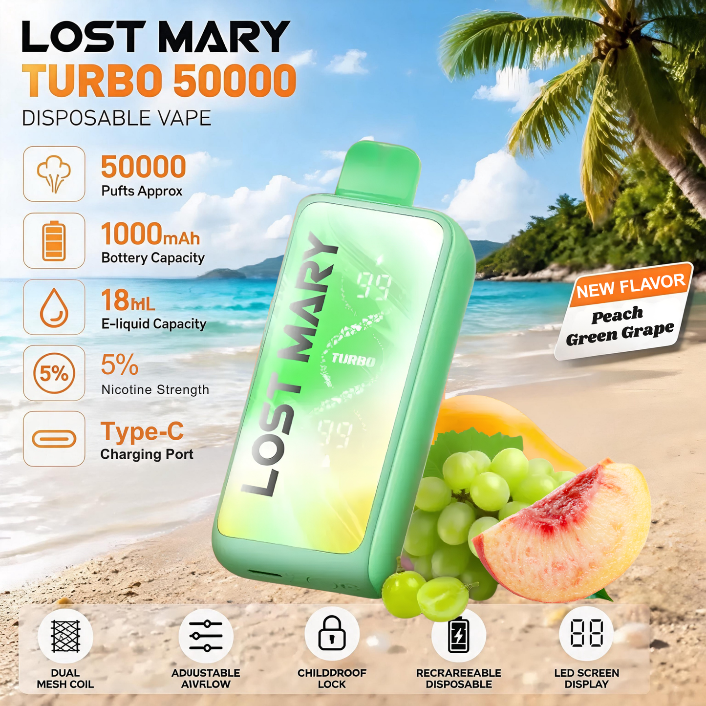 Lost Mary MT50000 Turbo 50000 50K Puffs Disposable Vape 5% Wholesale Peach Green Grape