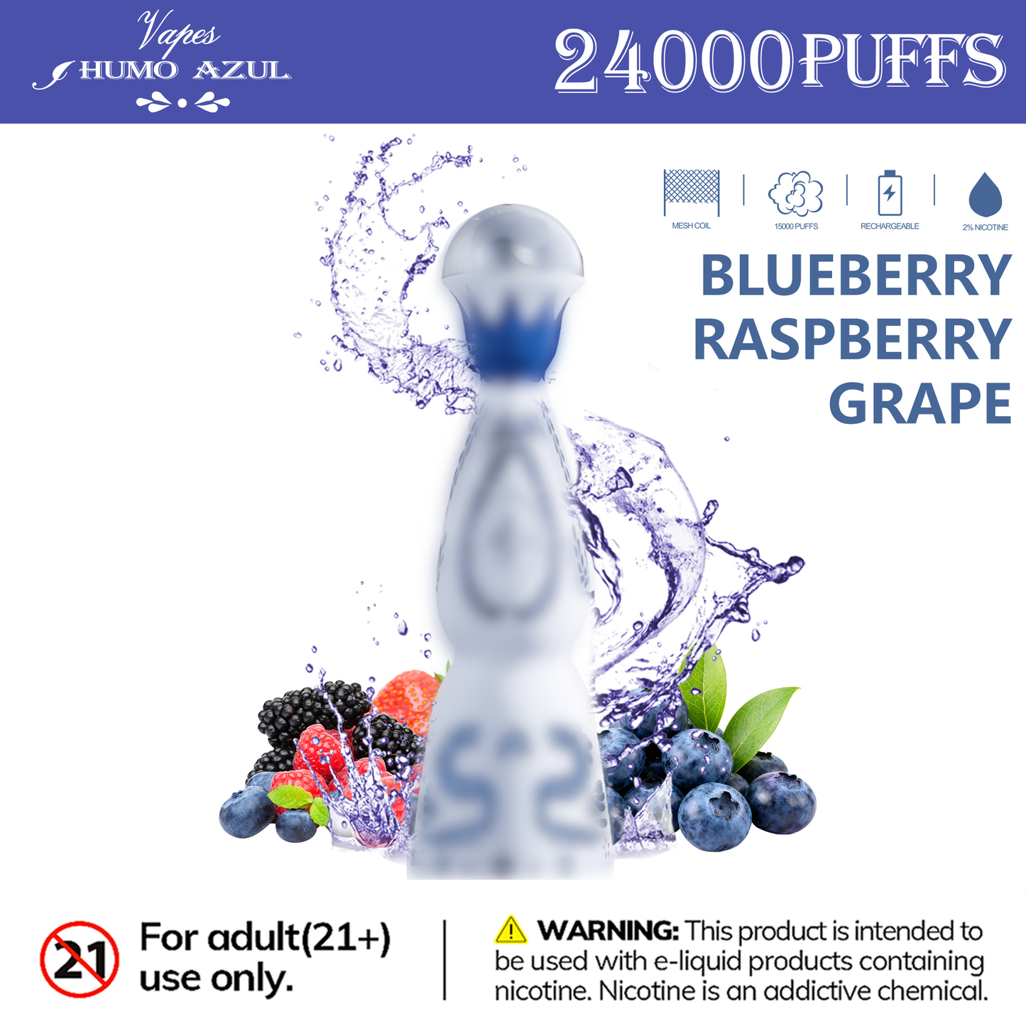 Humo Azul 24K 24000 Puffs Disposable Vape  Blueberry Blueberry Raspberry Grape