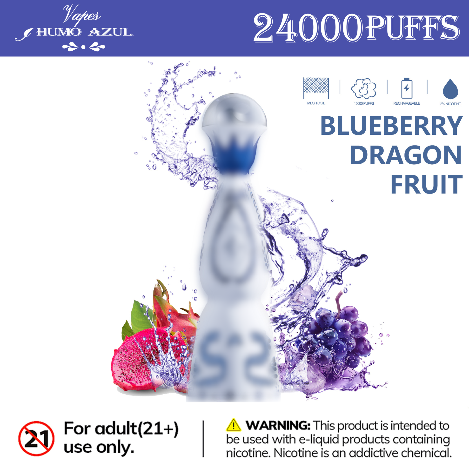 Humo Azul 24K 24000 Puffs Disposable Vape  Blueberry Dragon Fruit