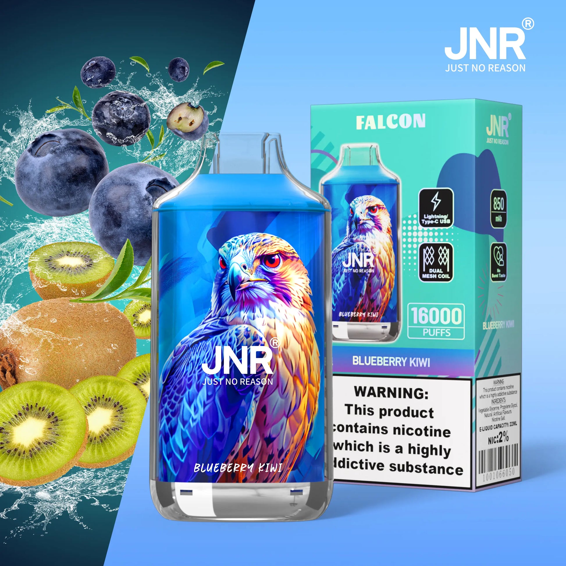 JNR Falcon 16000 16K Puffs Disposable Vape 20mg Wholesale Blueberry Kiwi