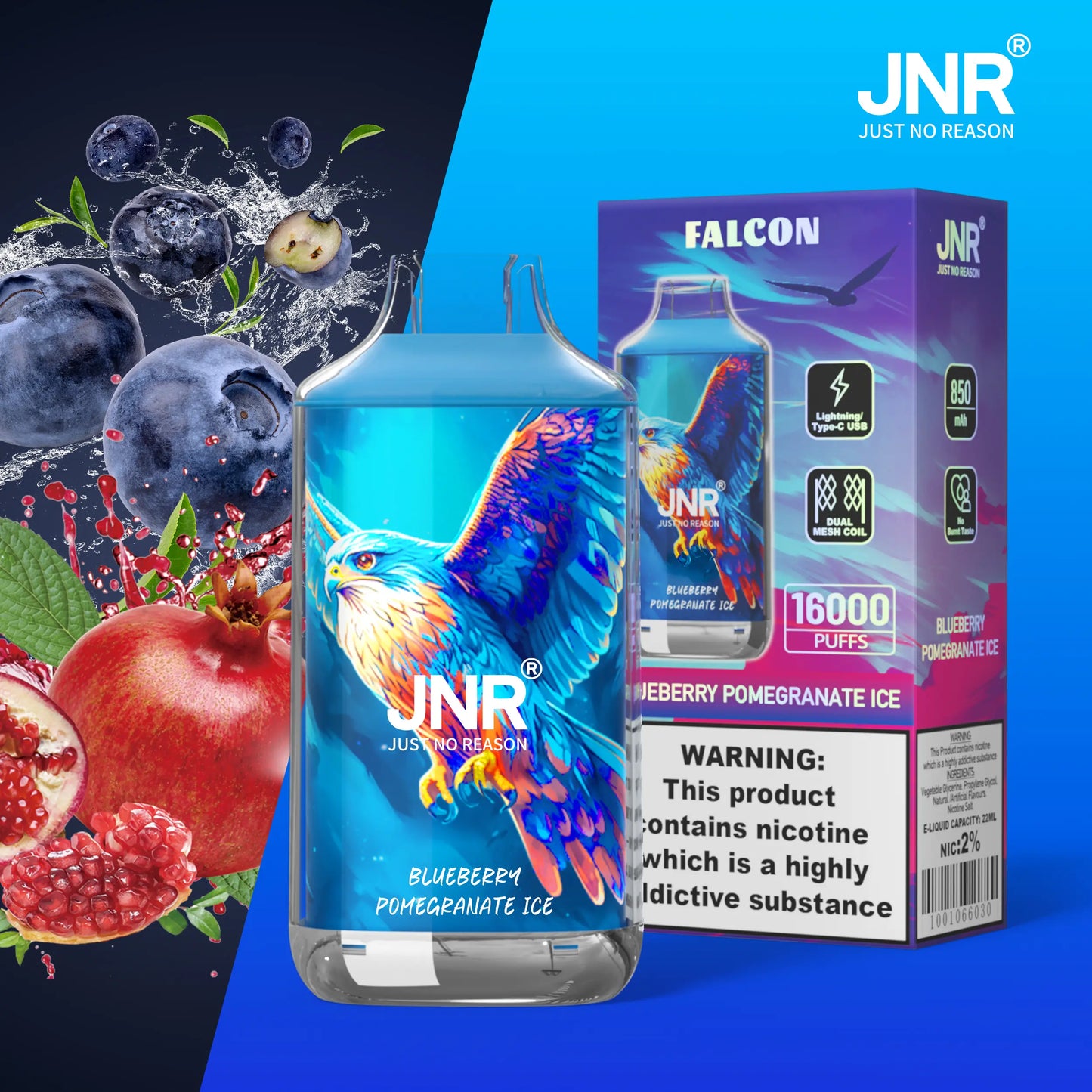 JNR Falcon 16000 16K Puffs Disposable Vape 20mg Wholesale Blueberry Pomegranate Ice