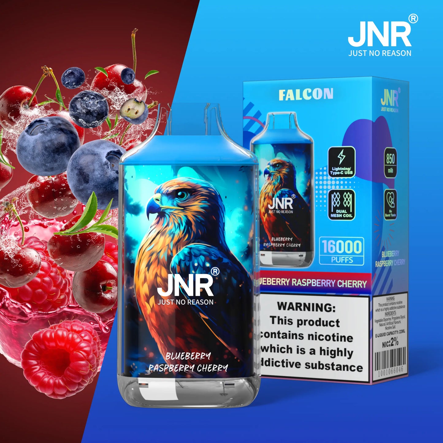 JNR Falcon 16000 16K Puffs Disposable Vape 20mg Wholesale Blueberry Raspberry Cherry