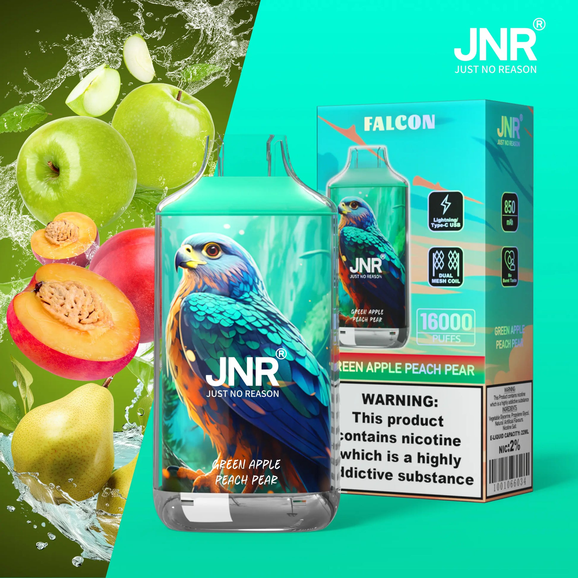 JNR Falcon 16000 16K Puffs Disposable Vape 20mg Wholesale Green Apple Peach Pear