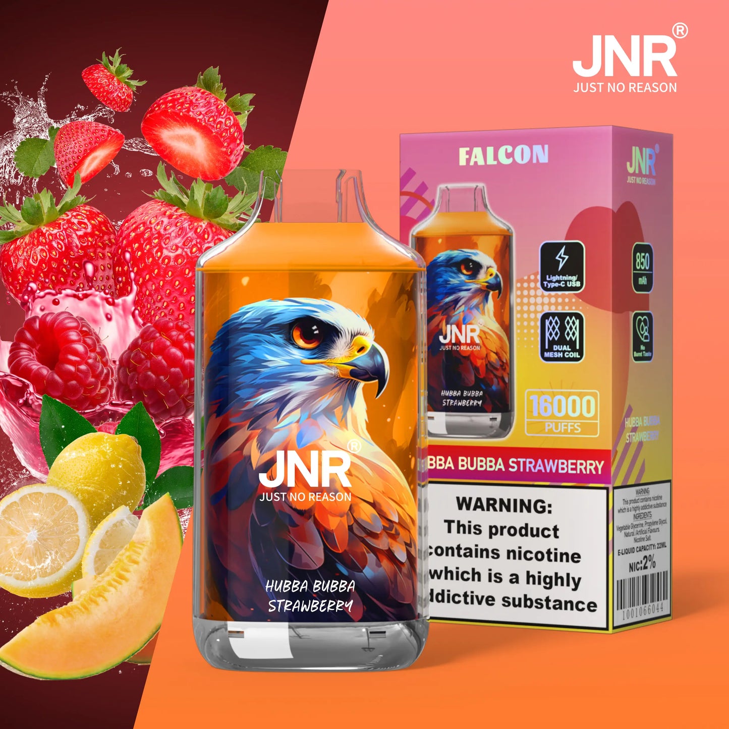 JNR Falcon 16000 16K Puffs Disposable Vape 20mg Wholesale Hubba Bubba Strawberry