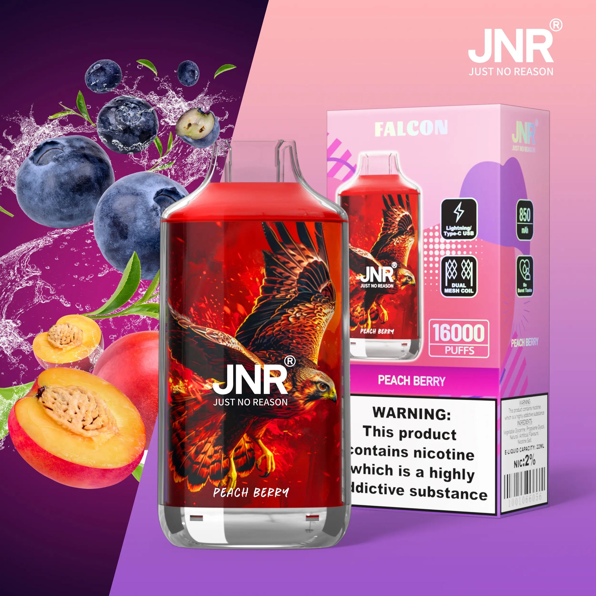 JNR Falcon 16000 16K Puffs Disposable Vape 20mg Wholesale Peach Berry