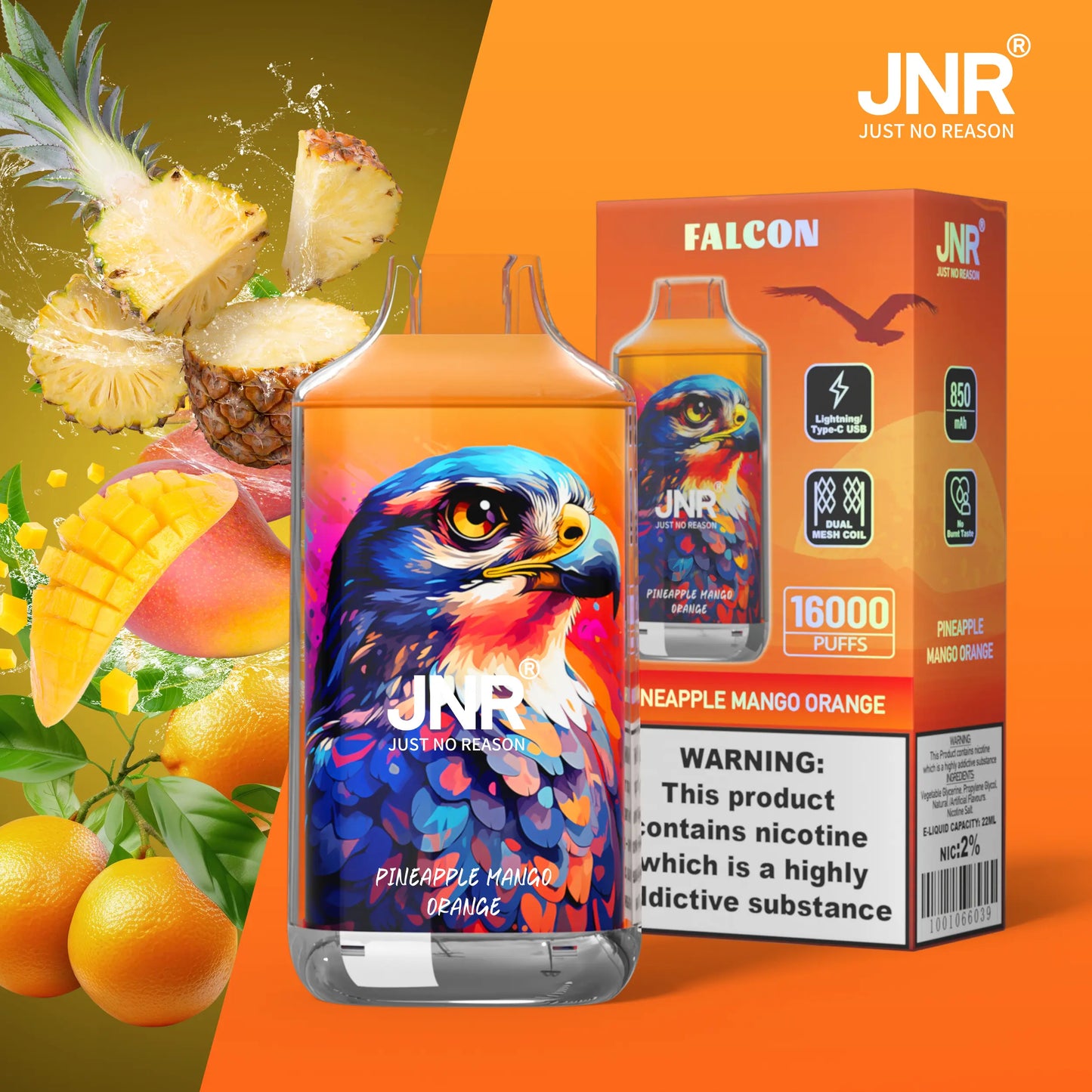 JNR Falcon 16000 16K Puffs Disposable Vape 20mg Wholesale Pineapple Mango Orange