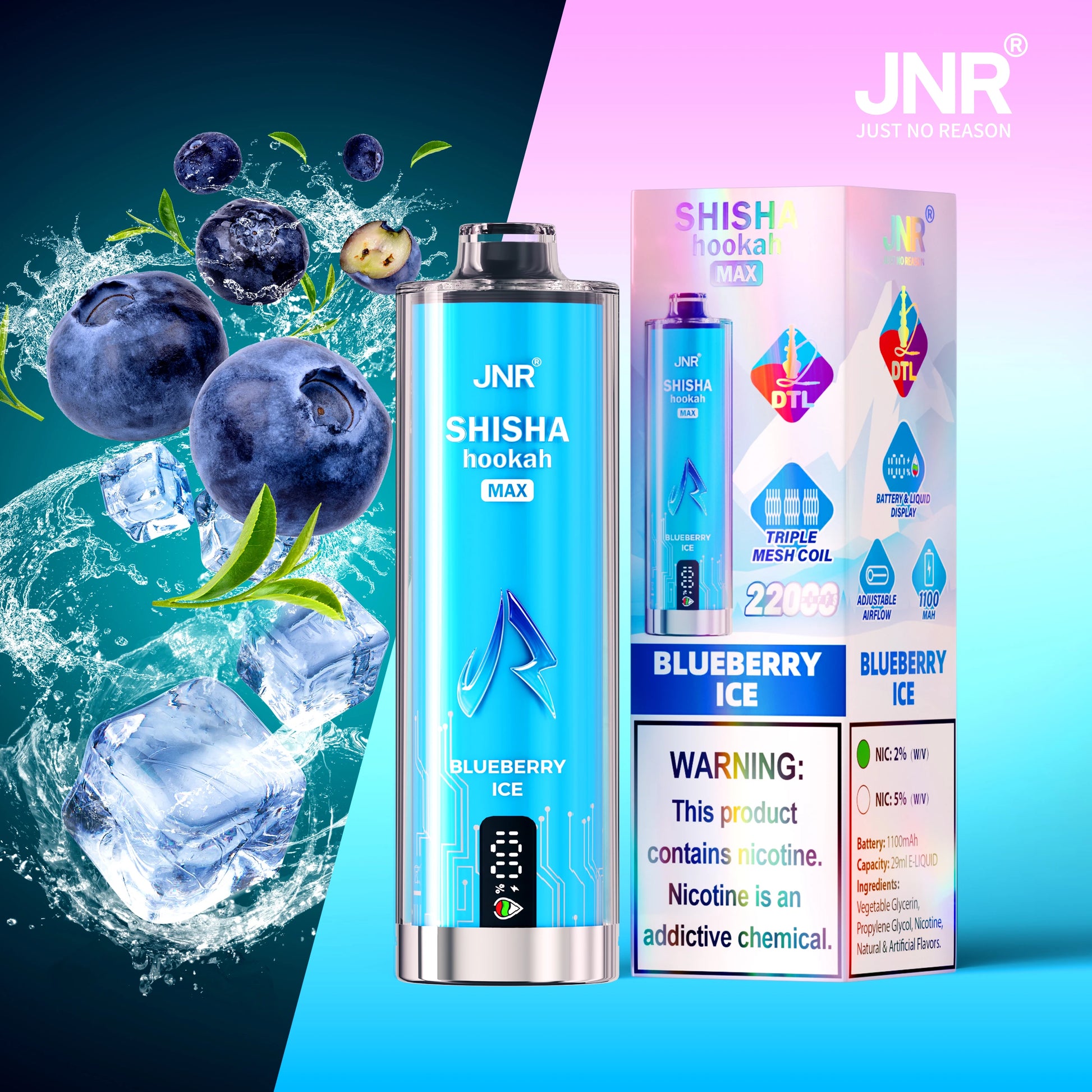 JNR Shisha Max 22K 22000 Puffs Disposable Vape 20mg Blueberry Ice