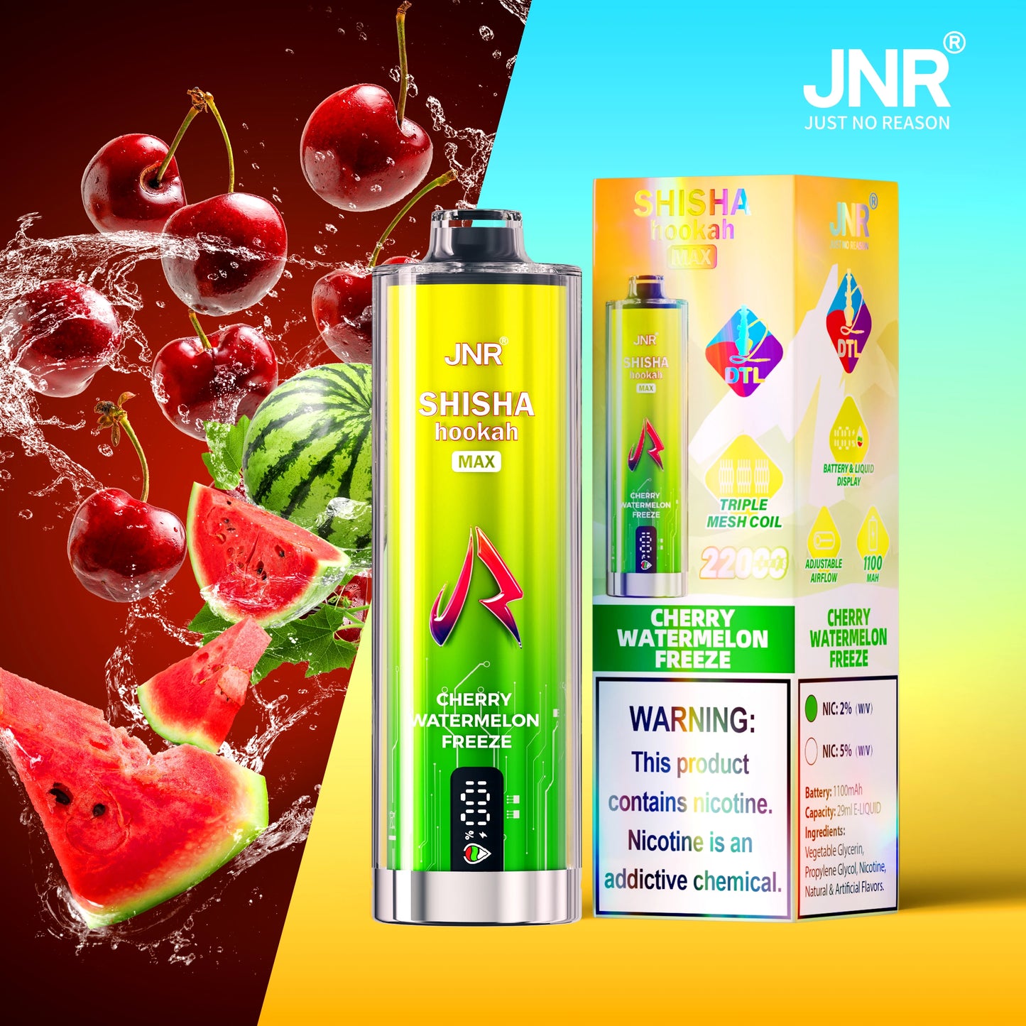 JNR Shisha Max 22K 22000 Puffs Disposable Vape 20mg Dual Mesh Coils Cherry Watermelon Freeze