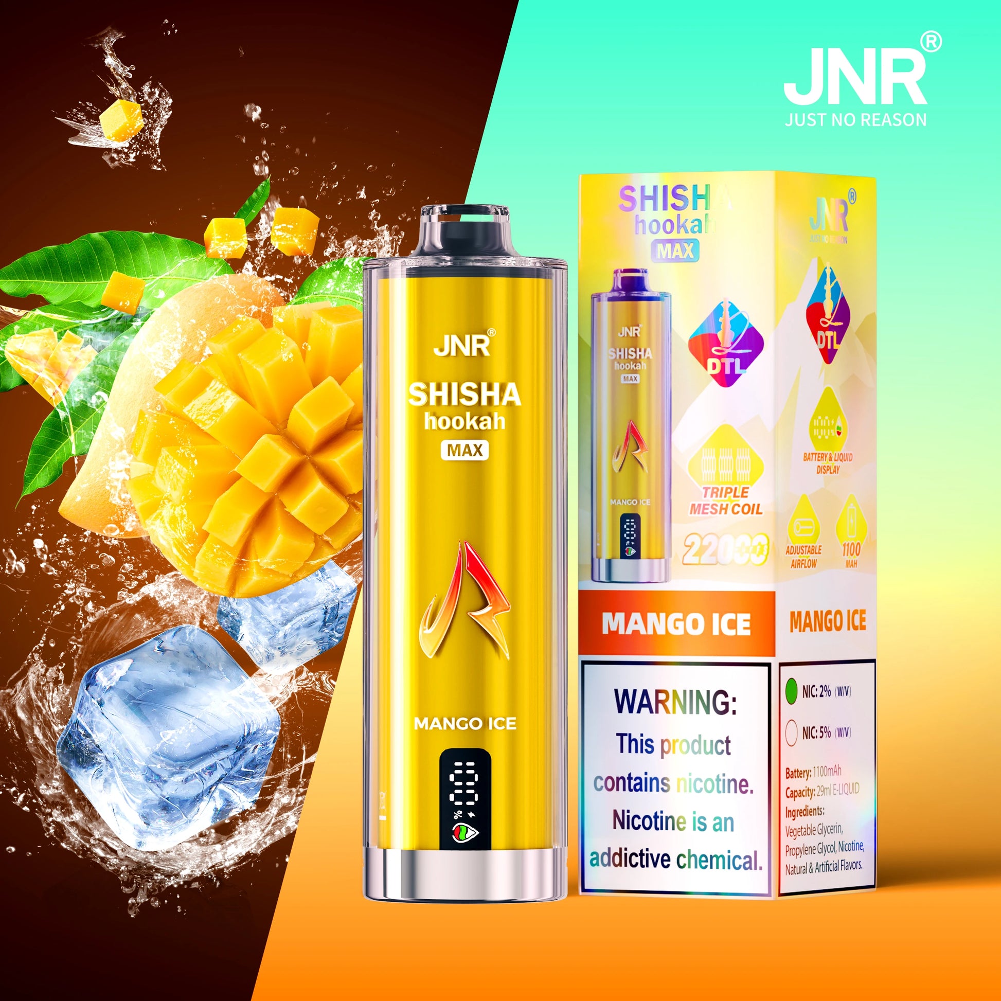 JNR Shisha Max 22K 22000 Puffs Disposable Vape 20mg  Flavors Mango Ice