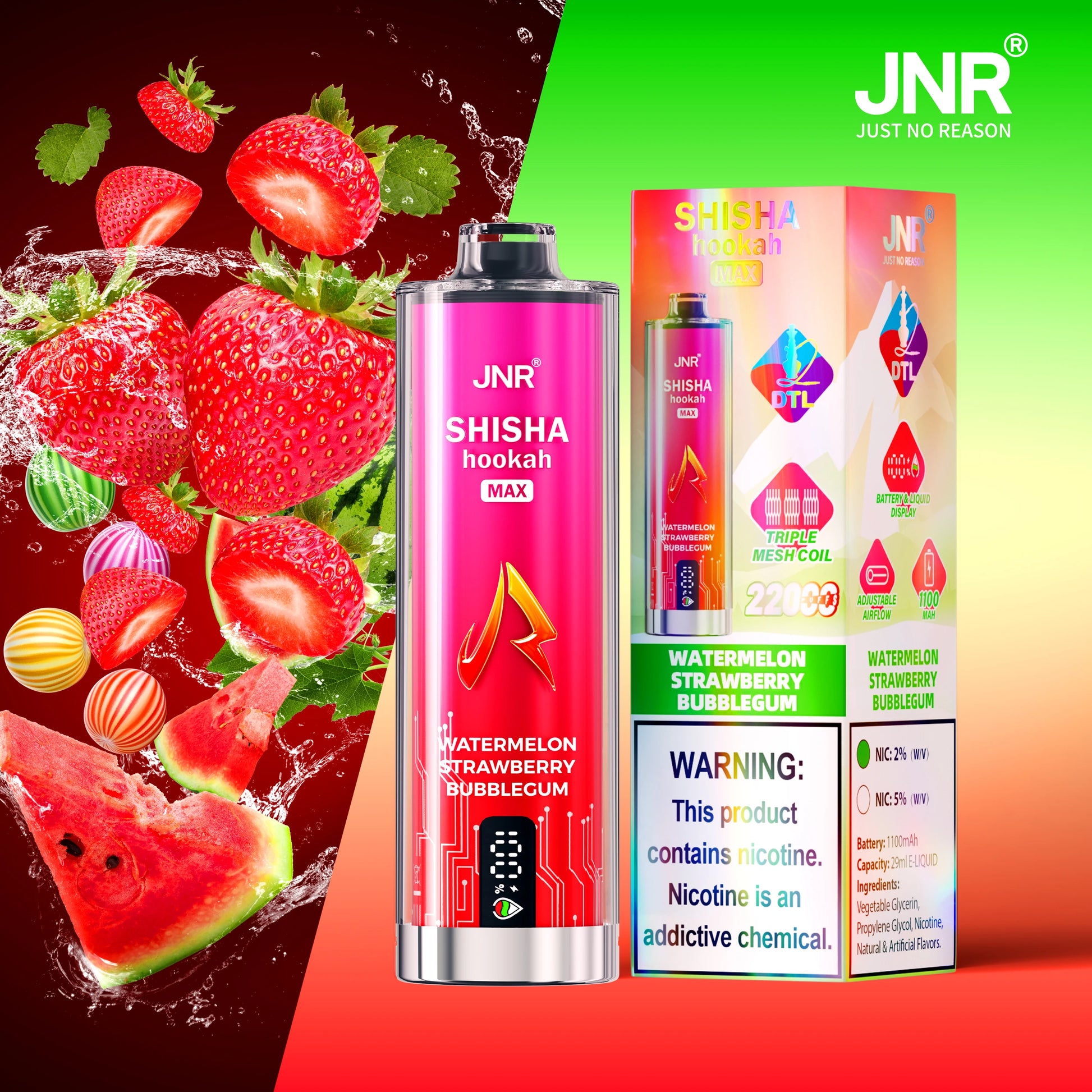 JNR Shisha Max 22K 22000 Puffs Disposable Vape 20mg Watermelon Strawberry Bubblegum
