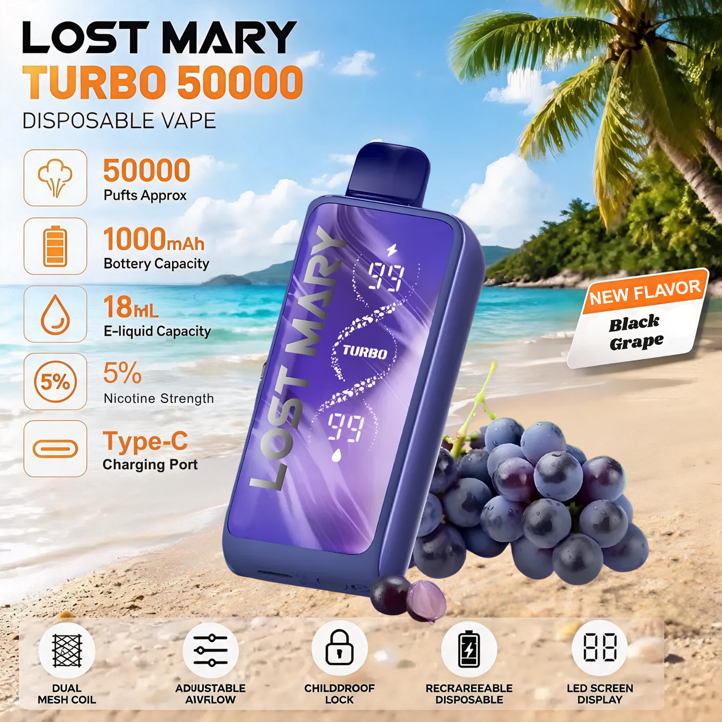Lost Mary MT50000 Turbo 50000 50K Puffs Disposable Vape 5% Wholesale Black Grape