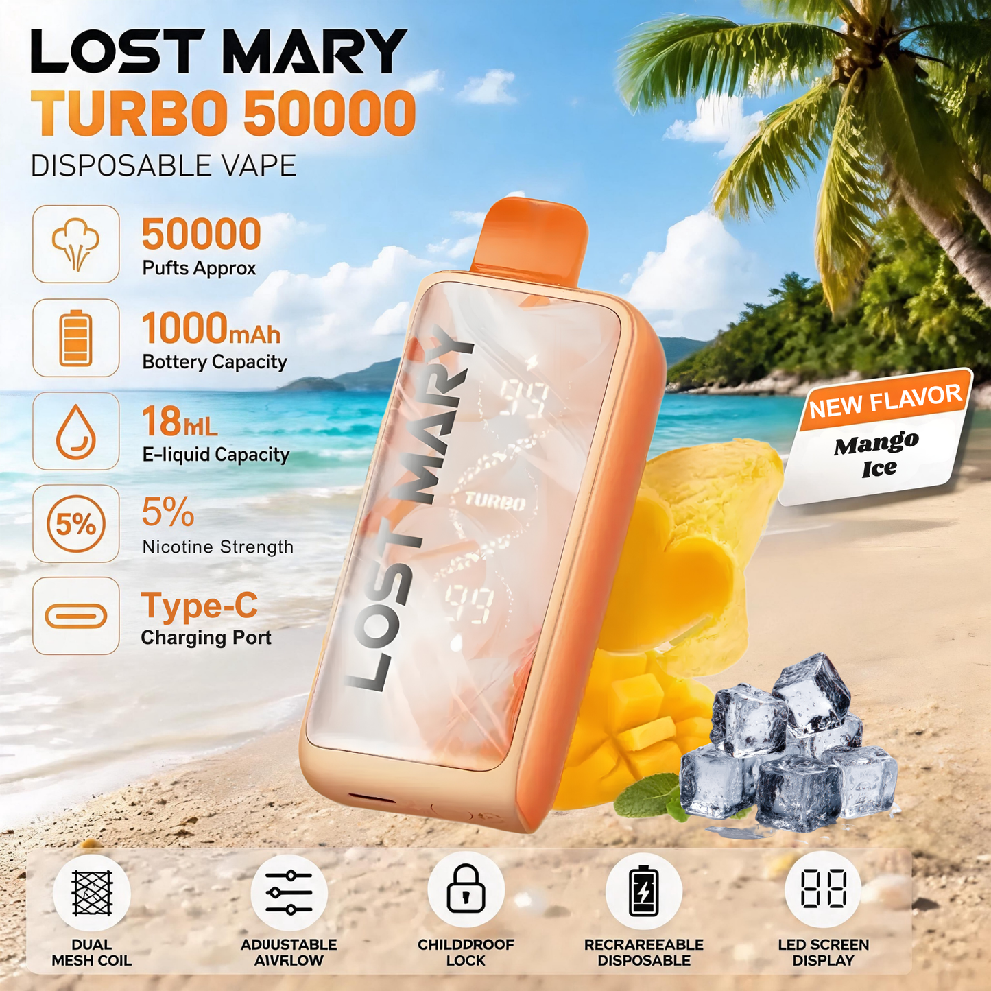 Lost Mary MT50000 Turbo 50000 50K Puffs Disposable Vape 5% Wholesale Mango Ice
