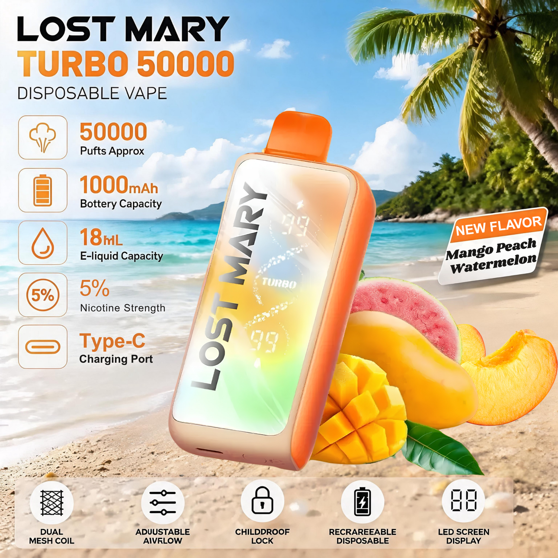 Lost Mary MT50000 Turbo 50000 50K Puffs Disposable Vape 5% Wholesale Mango Peach Watermelon