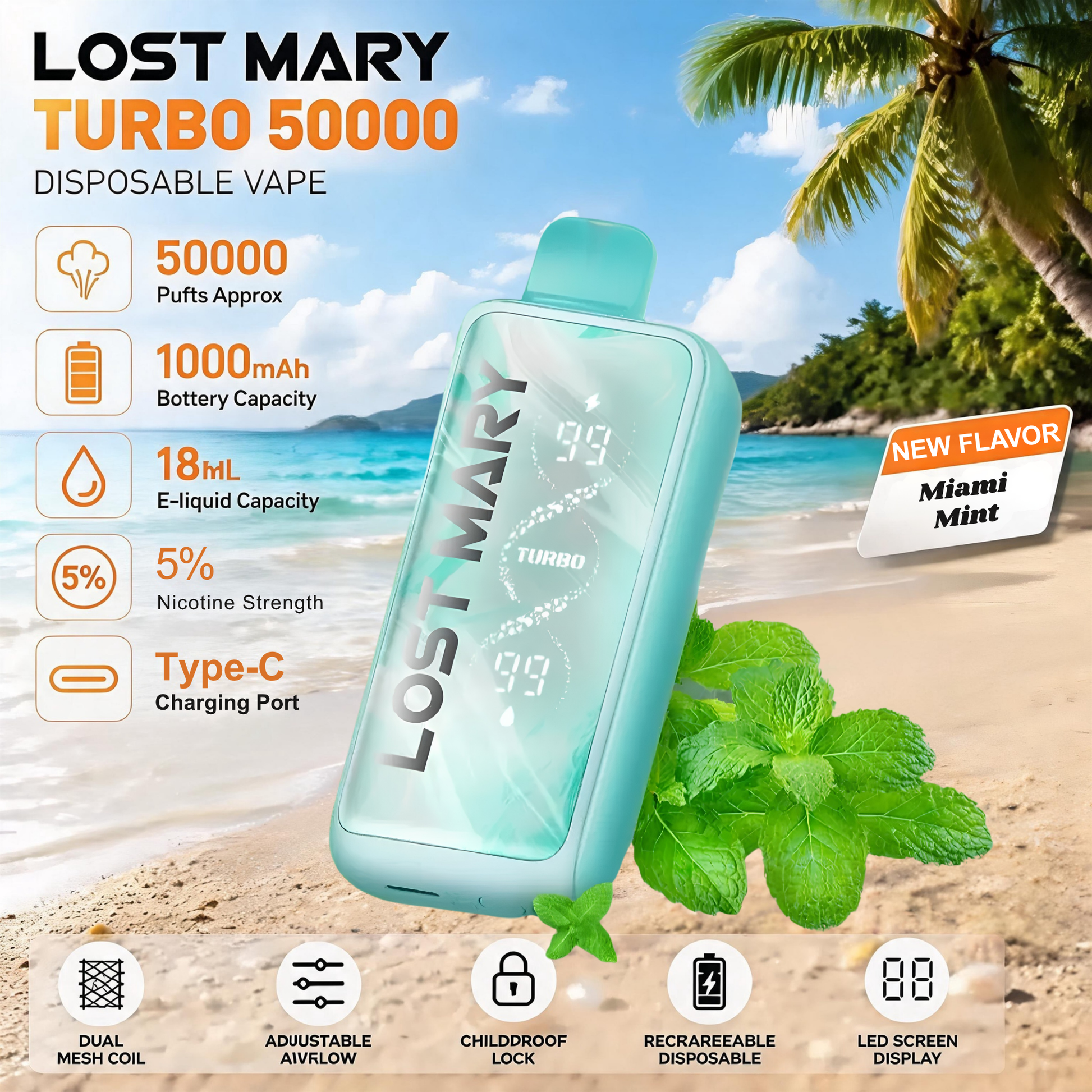 Lost Mary MT50000 Turbo 50000 50K Puffs Disposable Vape 5% Wholesale Miami Mint