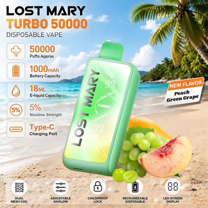 Lost Mary MT50000 Turbo 50000 50K Puffs Disposable Vape 5% Wholesale Peach Green Grape
