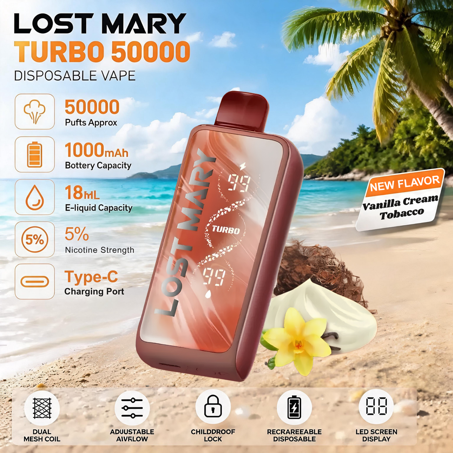 Lost Mary MT50000 Turbo 50000 50K Puffs Disposable Vape 5% Wholesale Vanilla Cream Tobacco