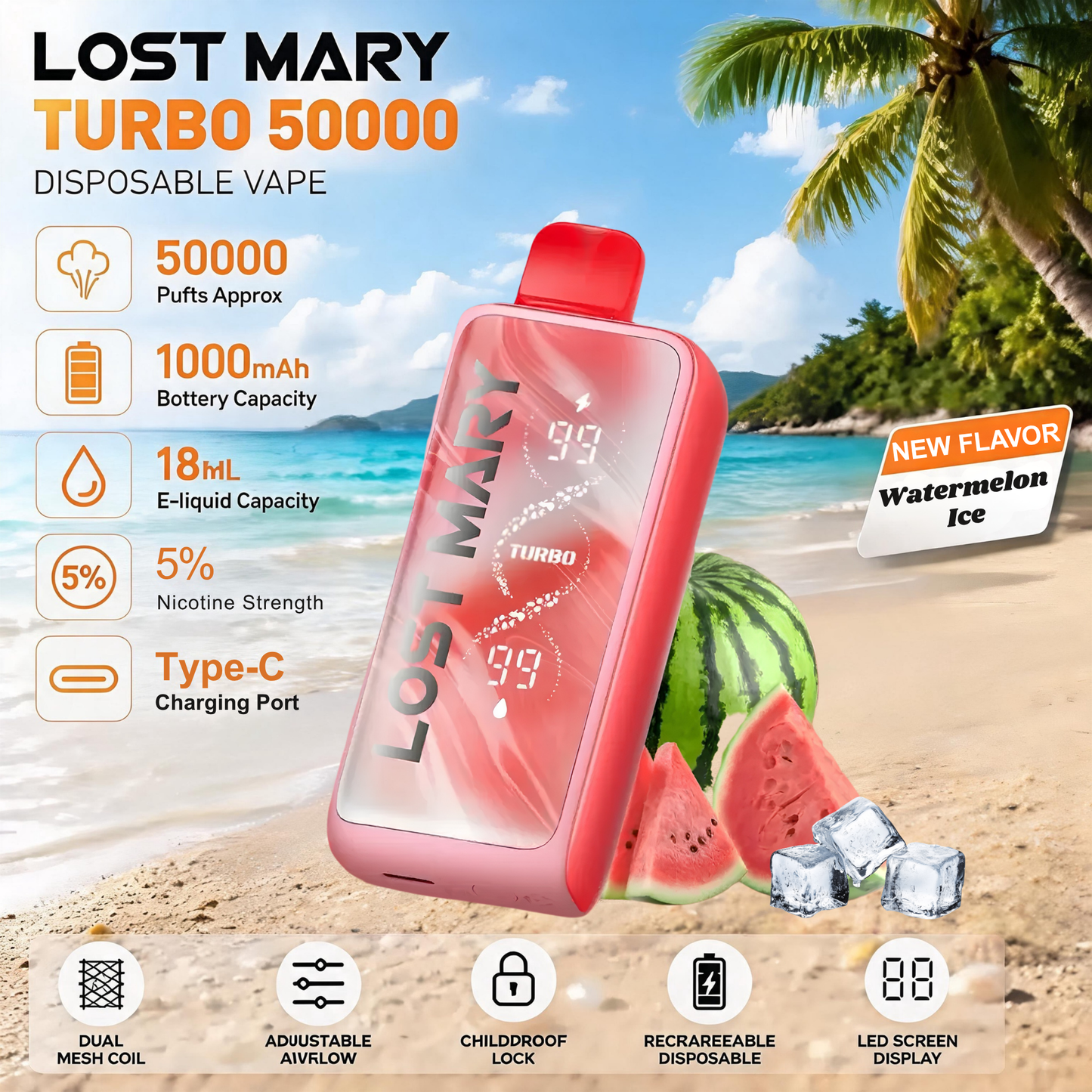 Lost Mary MT50000 Turbo 50000 50K Puffs Disposable Vape 5% Wholesale Watermelon Ice