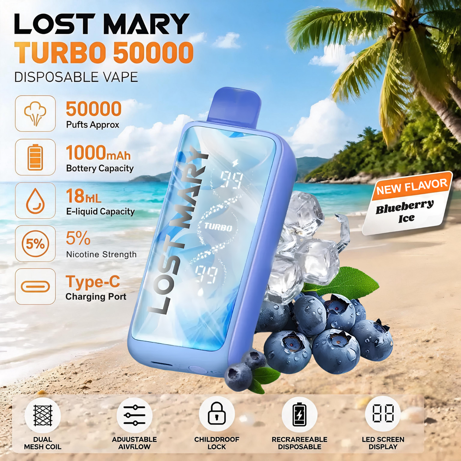 Lost Mary MT50000 Turbo 50000 50K Puffs Disposable Vape 50mg Wholesale Blueberry Ice