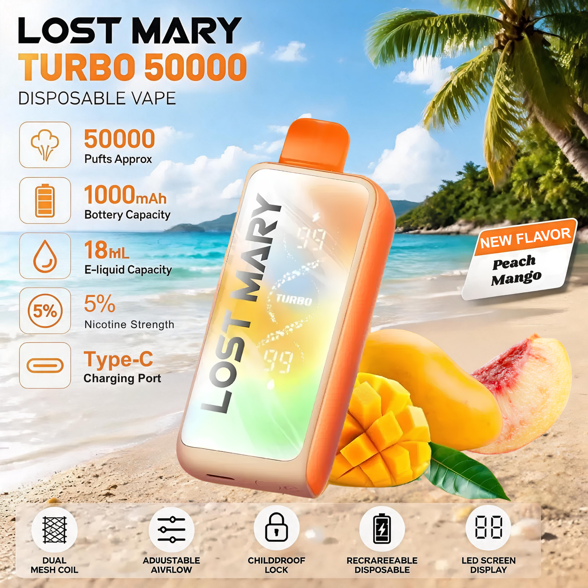 Lost Mary MT50000 Turbo 50000 50K Puffs Disposable Vape 50mg Wholesale Peach Mango
