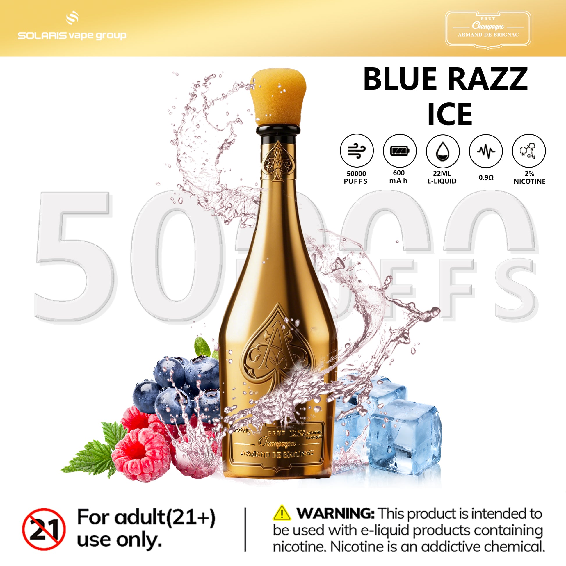 Solaris ARMAND DE BRIGNAC Champagne 50000 Puffs Disposable Vape Blue Razz Ice