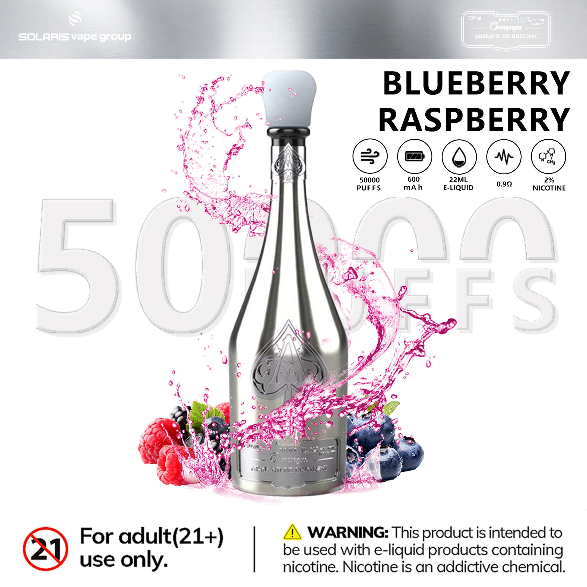 Solaris ARMAND DE BRIGNAC Champagne 50000 Puffs Disposable Vape Blueberry Raspberry