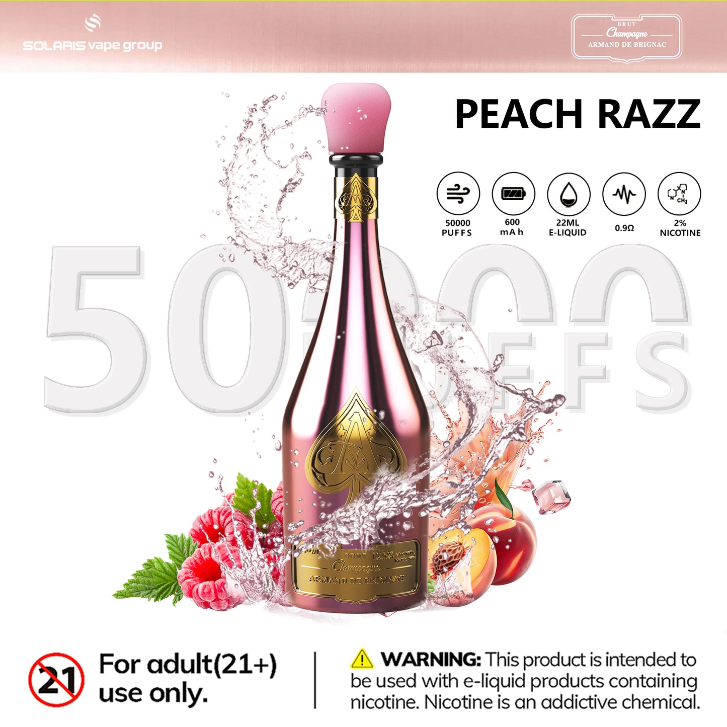 Solaris ARMAND DE BRIGNAC Champagne 50000 Puffs Disposable Vape Peach Razz