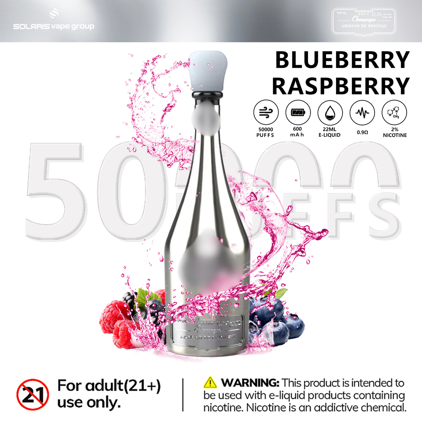 Solaris Champagne 50000 Puffs Disposable Vape 2% Wholesale Blueberry Raspberry