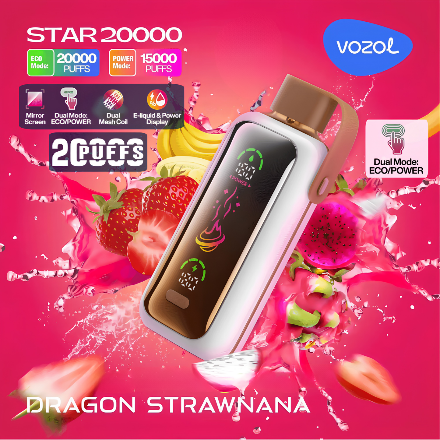 Vozol Star 20000 20K Puffs Disposable Vape 50mg Dragon Fruit Strawberry Banana
