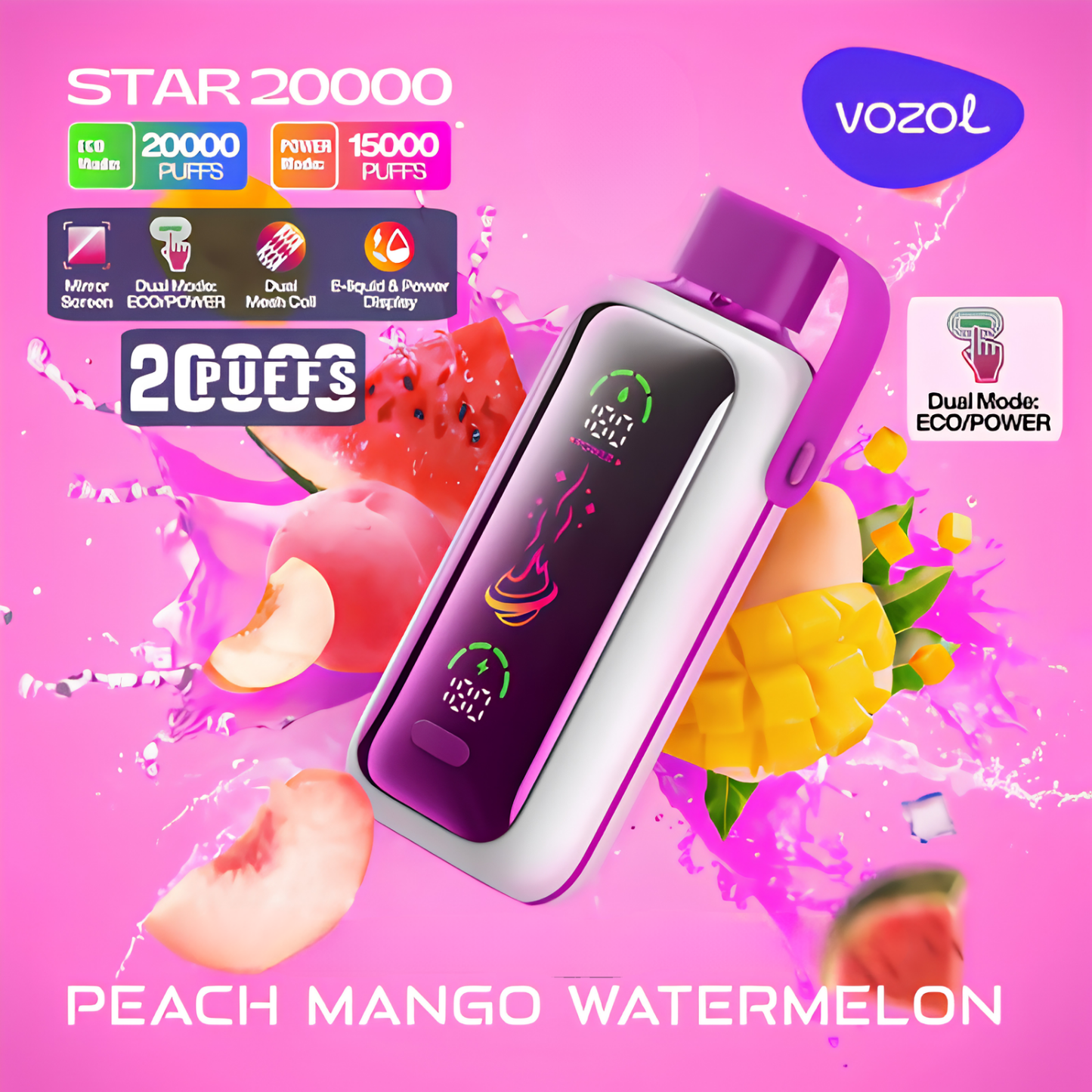 Vozol Star 20000 20K Puffs Disposable Vape 50mg Peach Mango Watermelon