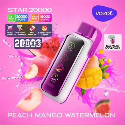 Vozol Star 20000 20K Puffs Disposable Vape 50mg Peach Mango Watermelon